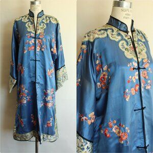 Vintage 1920s Chinese Robe, Antique Blue Silk Embroidered Peony Blossoms, Pagoda
